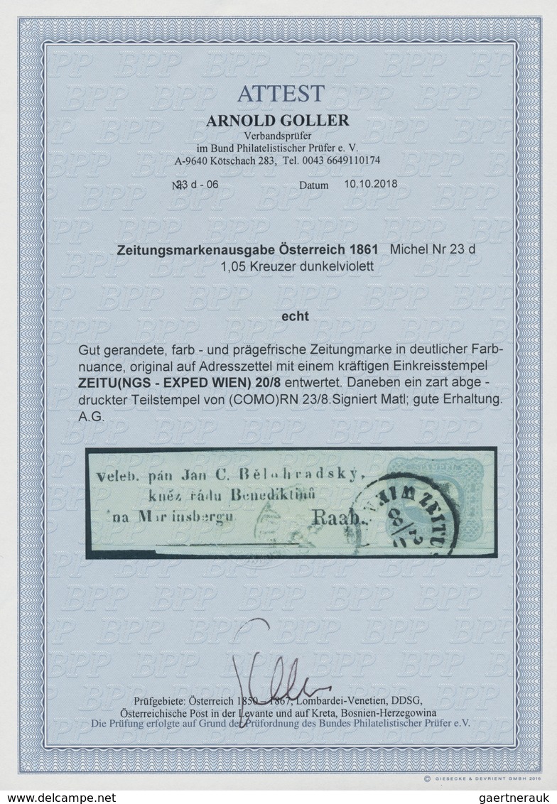 Österreich: 1861 Zeitungsmarke (1.05 Kr.) Dunkelviolett, Gebraucht Auf Adresszettel, übergehend Entw - Unused Stamps