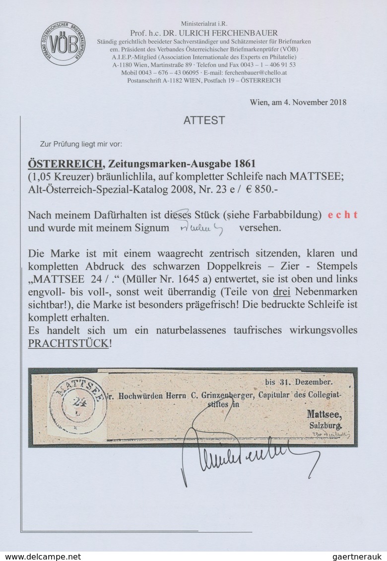 Österreich: 1861, (1,05 Kreuzer) Bräunlichlila Zeitungsmarke, Prägefrisch, Rechts Und Oben Noch Voll - Neufs