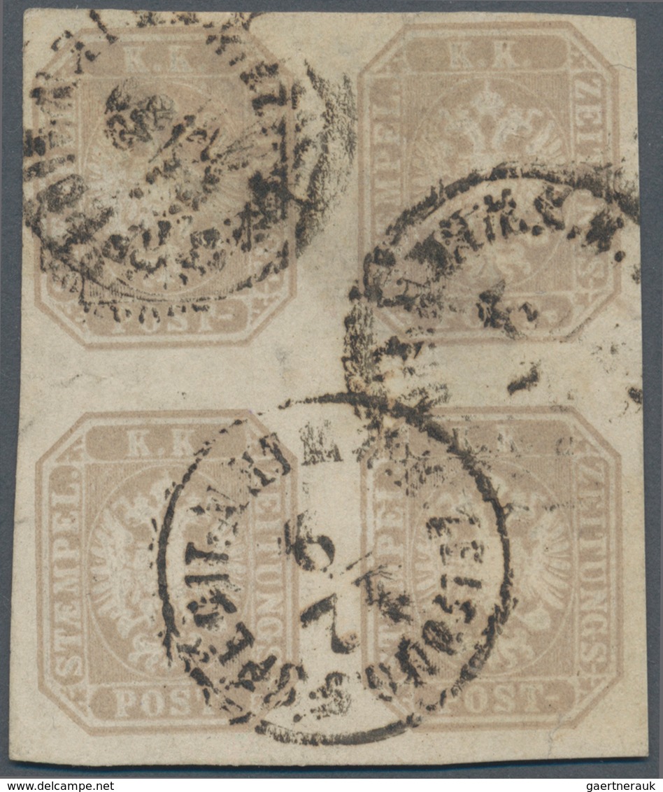 Österreich: 1863, Zeitungsmarke Doppeladler 1,05 K (blasslila)grau Im Viererblock Mit K1 "WIEN ZEITU - Unused Stamps