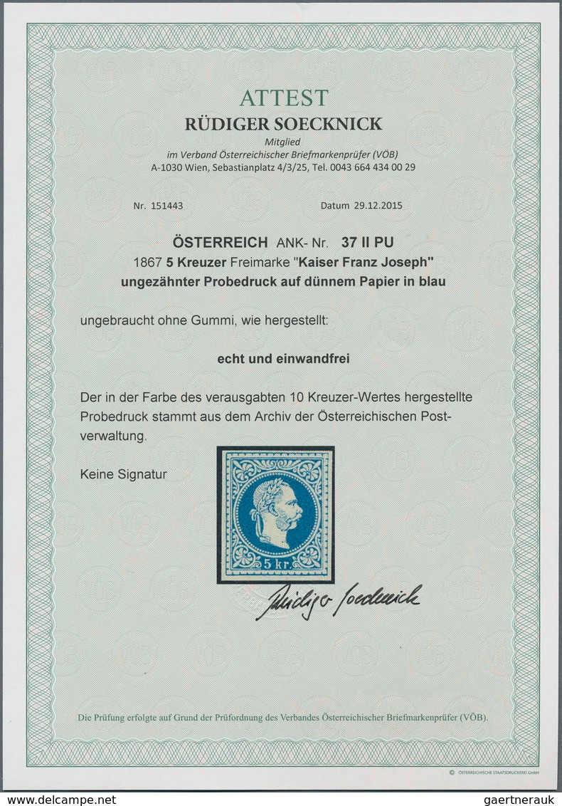 Österreich: 1867, Franz Joseph 5 Kr. UNGEZÄHNTER PROBEDRUCK In Blau Statt Rot Auf Dünnem Papier, Far - Unused Stamps