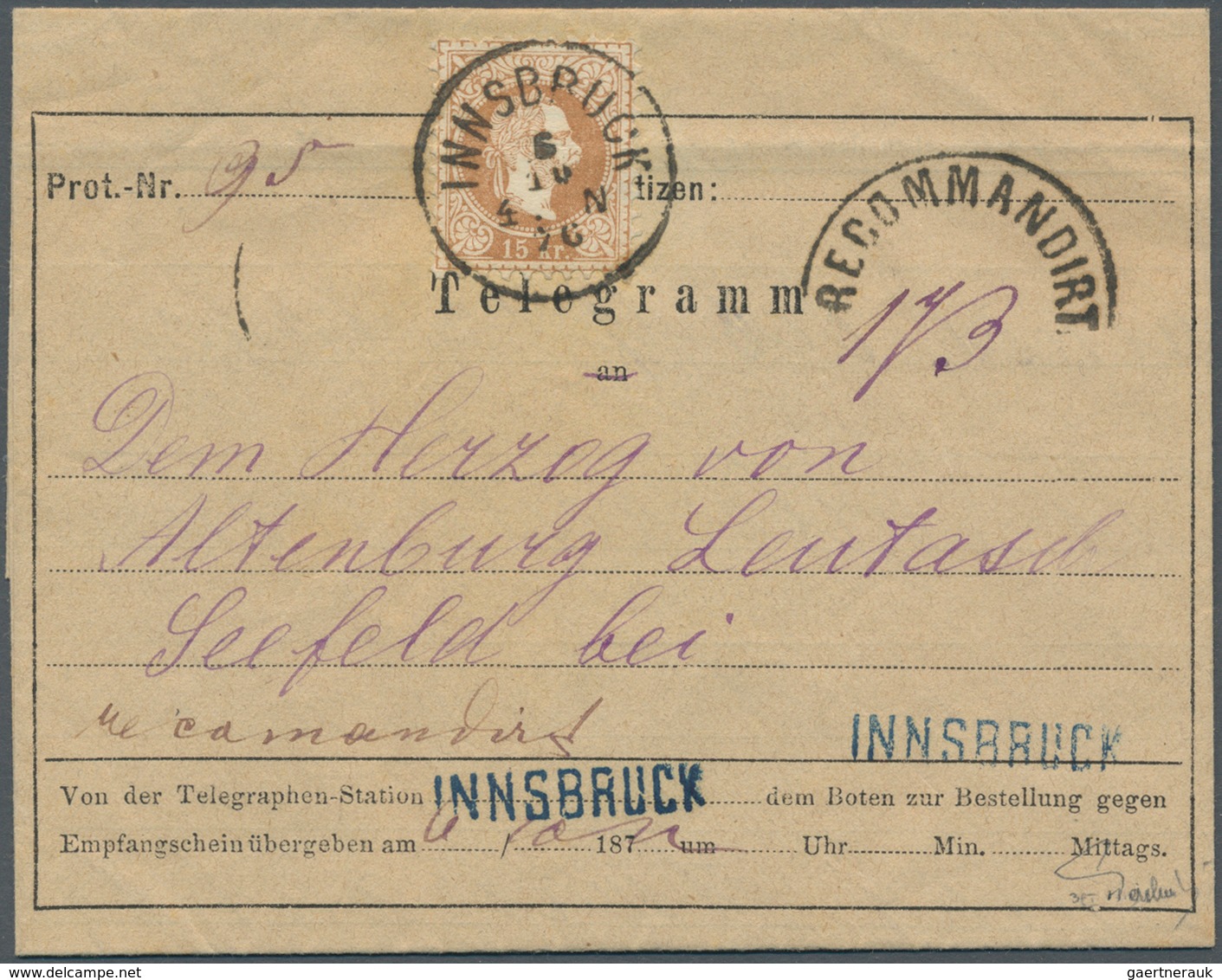 Österreich: 1863, 15 Kr Braun, Grober Druck, Tarifgerecht Auf Vollständigem Telegramm Von INNSBRUCK - Unused Stamps