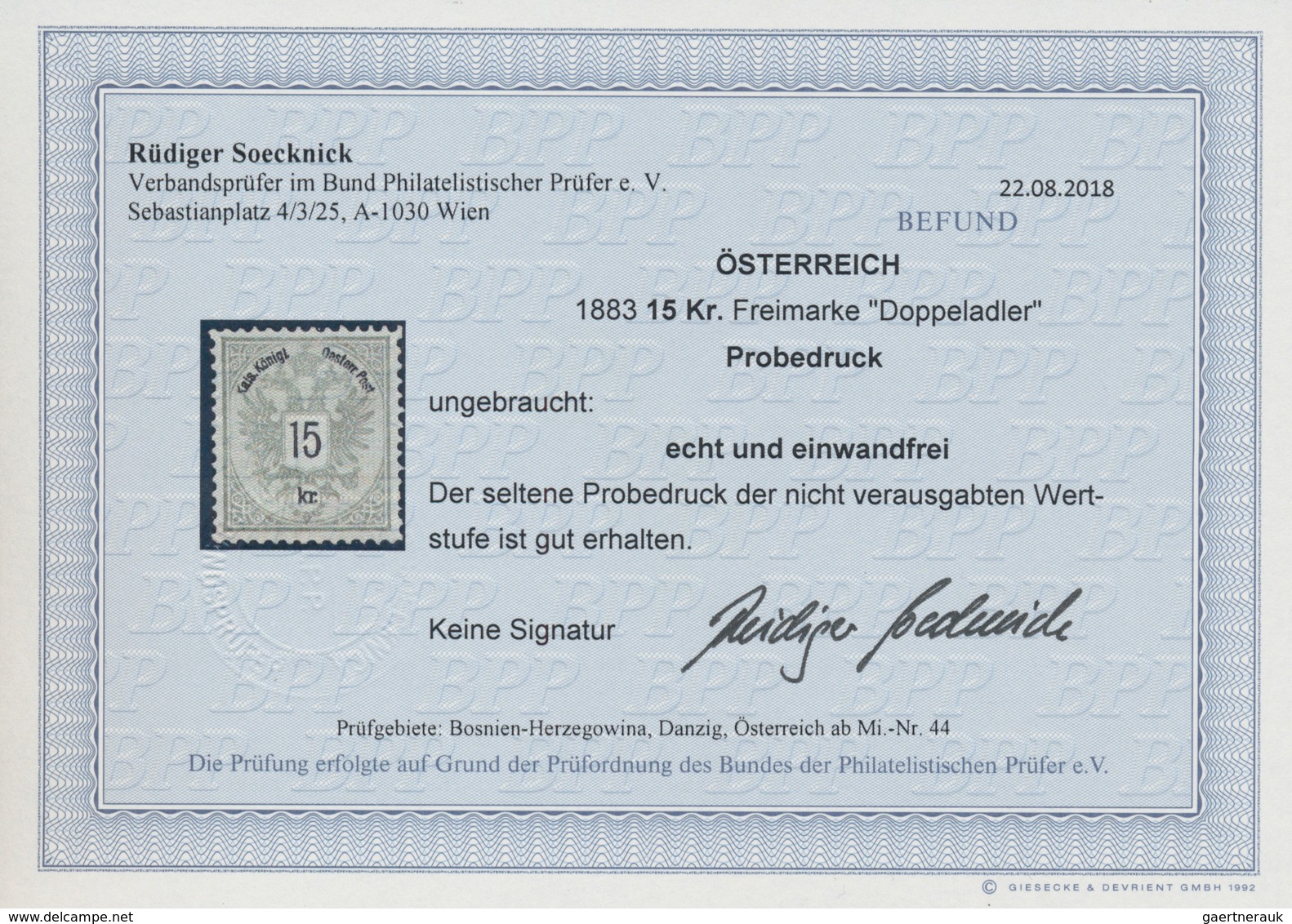 Österreich: 1883, 15 Kr Doppeladler Grau, Probedruck Der Nicht Verausgabten Wertstufe In Endgültiger - Unused Stamps