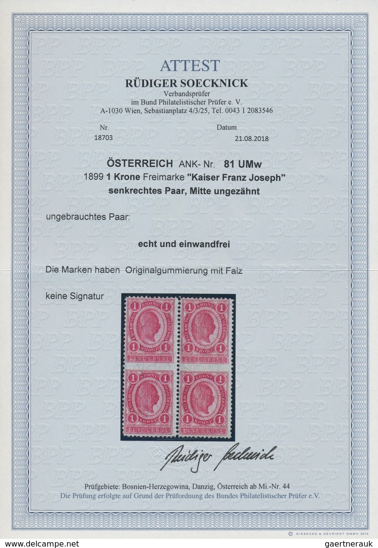 Österreich: 1899, 1 Kr Franz Joseph Karminrosa In 2 Senkrechten, Mittig Waagerecht Ungezähnten Paare - Unused Stamps