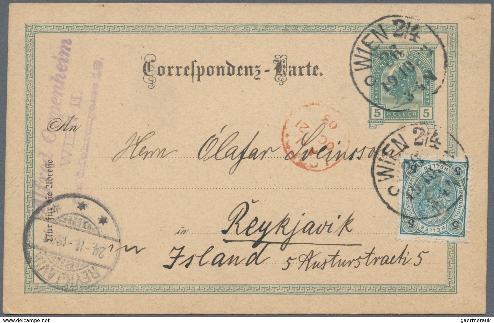 Österreich: 1910, 5 H Grün Ganzsachenkarte Von Wien Nach ISLAND Mit Rotem Eingangsstempel Island Und - Unused Stamps