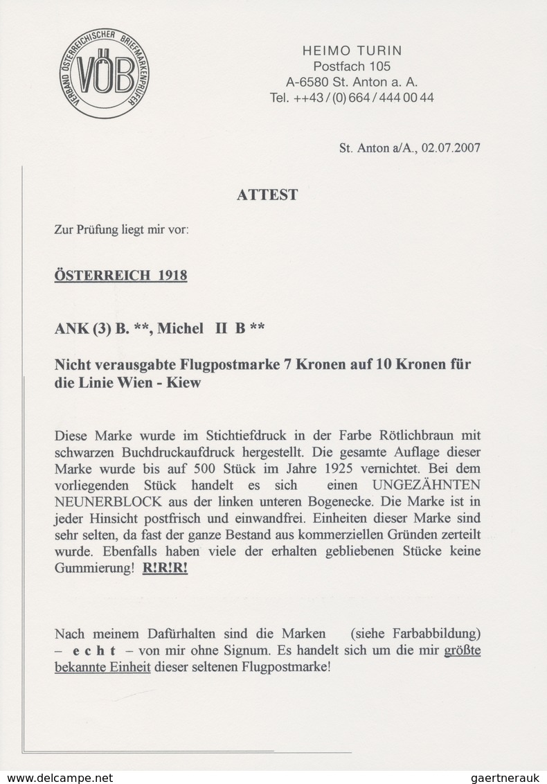 Österreich: 1918, 7 K FLUGPOST Auf 10 K Ungezähnt Im Postfrischen Eckrand-Neunerblock! Spektakuläre - Neufs