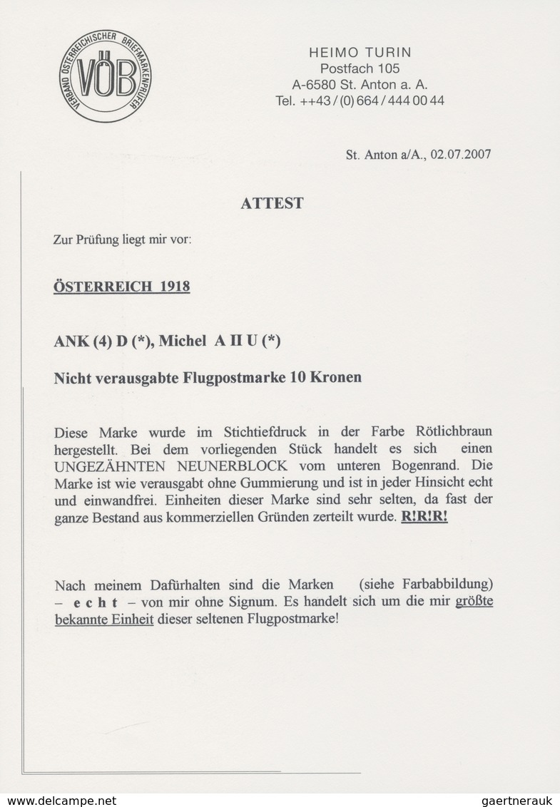 Österreich: 1918, 10 Kr Rotbraun Ohne Flugpost-Aufdruck, Ungezähnt Auf Ungummiertem Faserpapier Im U - Unused Stamps