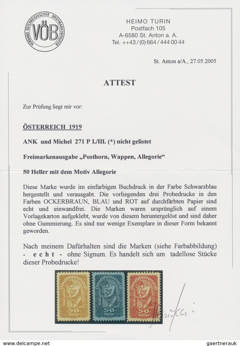 Österreich: 1919/1920, Freimarken, 50 H., Drei Verschiedene Farbproben In Abweichenden Farben Ockerb - Unused Stamps