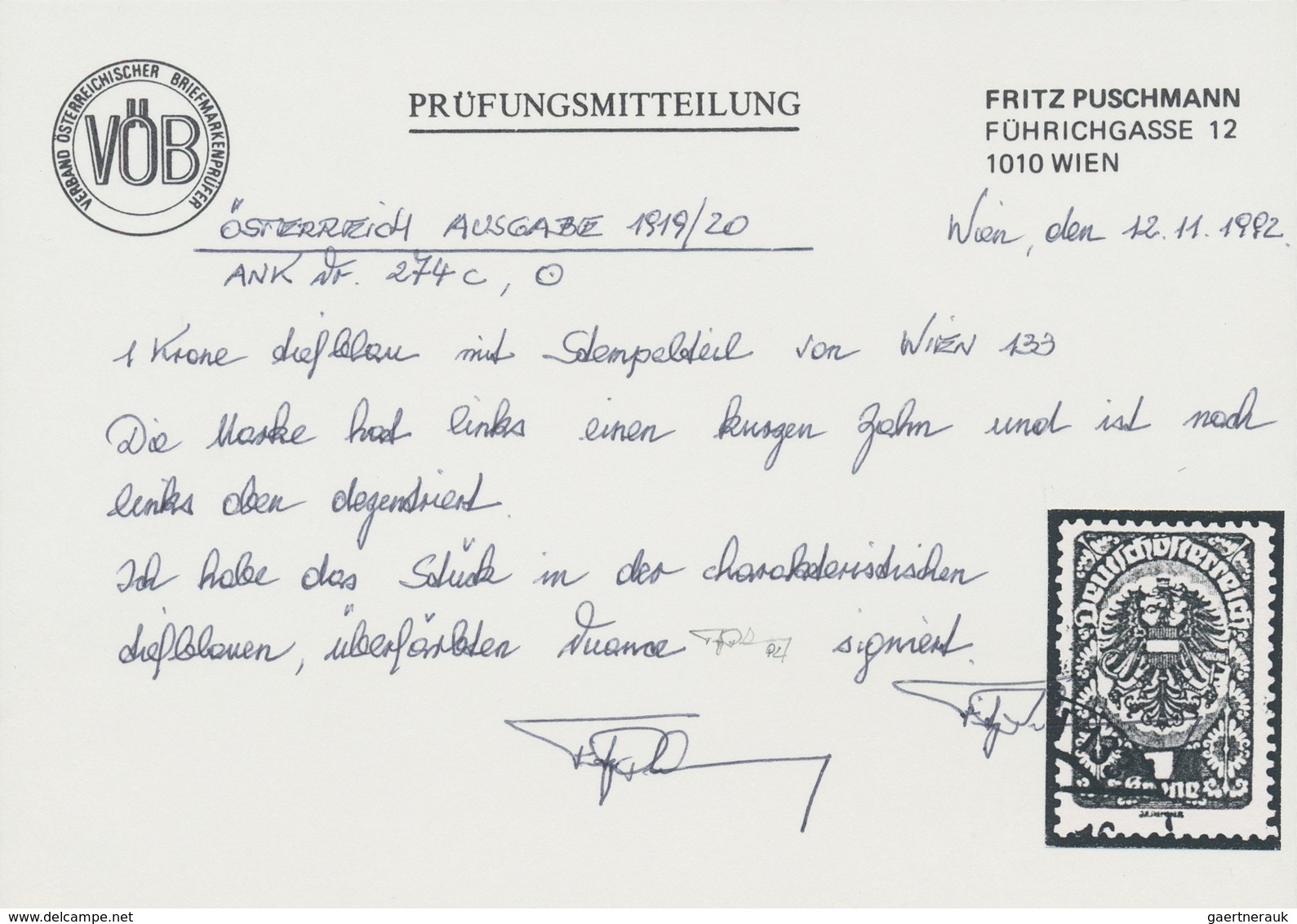 Österreich: 1919, Freimarke 1 Kr. Schwärzlichultramarin, Entwertet Mit Teilstempel Von Wien. Die Mar - Unused Stamps