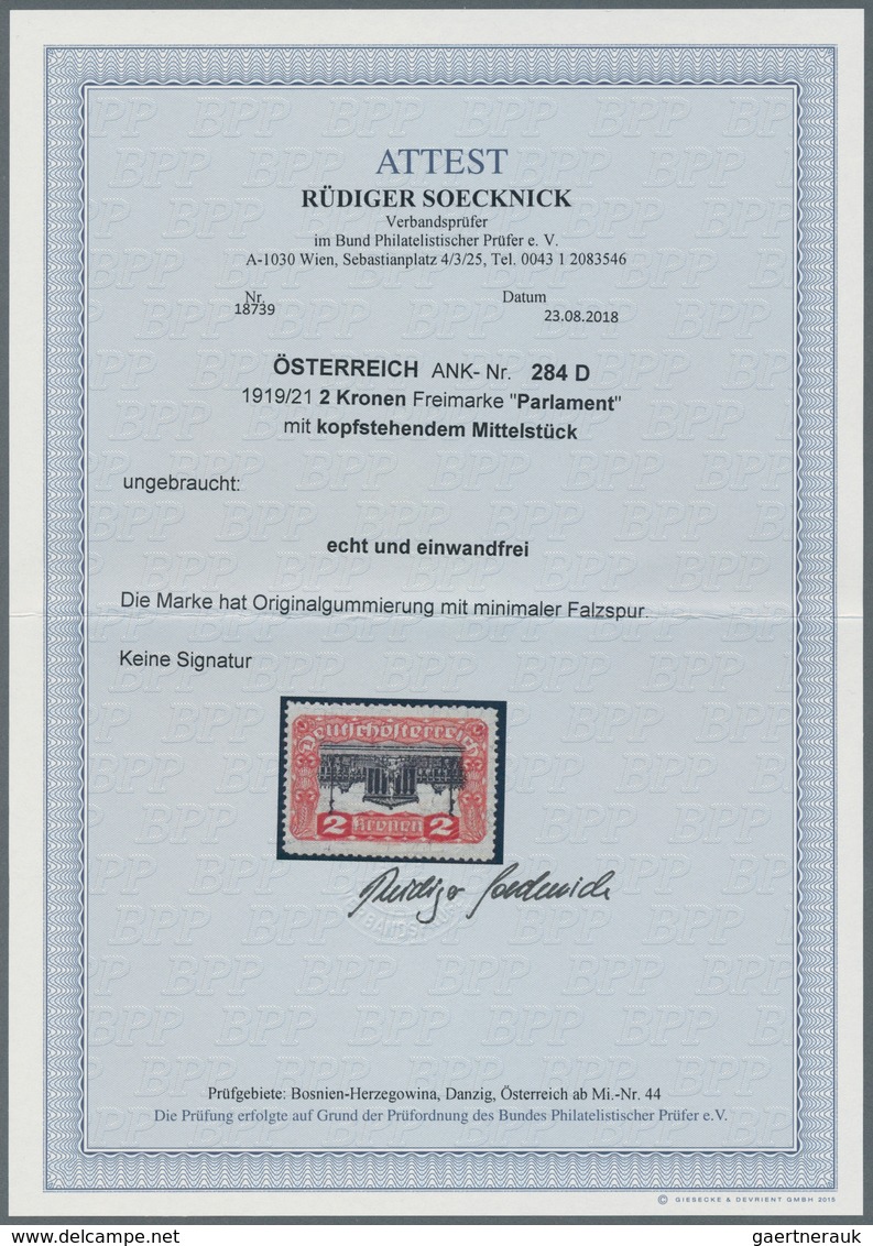 Österreich: 1919, 2 Kr Parlament Mit Kopfstehendem Mittelstück, Ungebrauchtes Top-Stück Dieses Promi - Unused Stamps