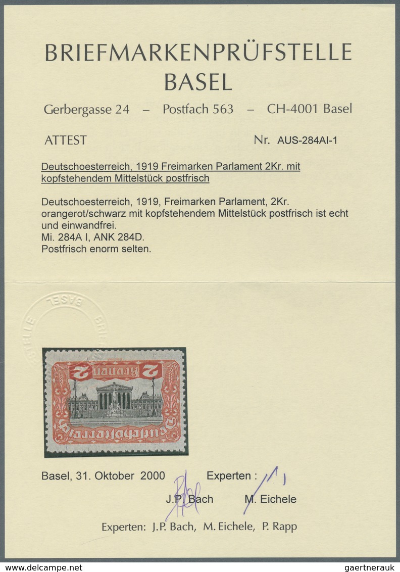 Österreich: 1919, 2 Kr Parlament Mit Kopfstehendem Mittelstück, Ungebrauchtes Top-Stück Dieses Promi - Unused Stamps