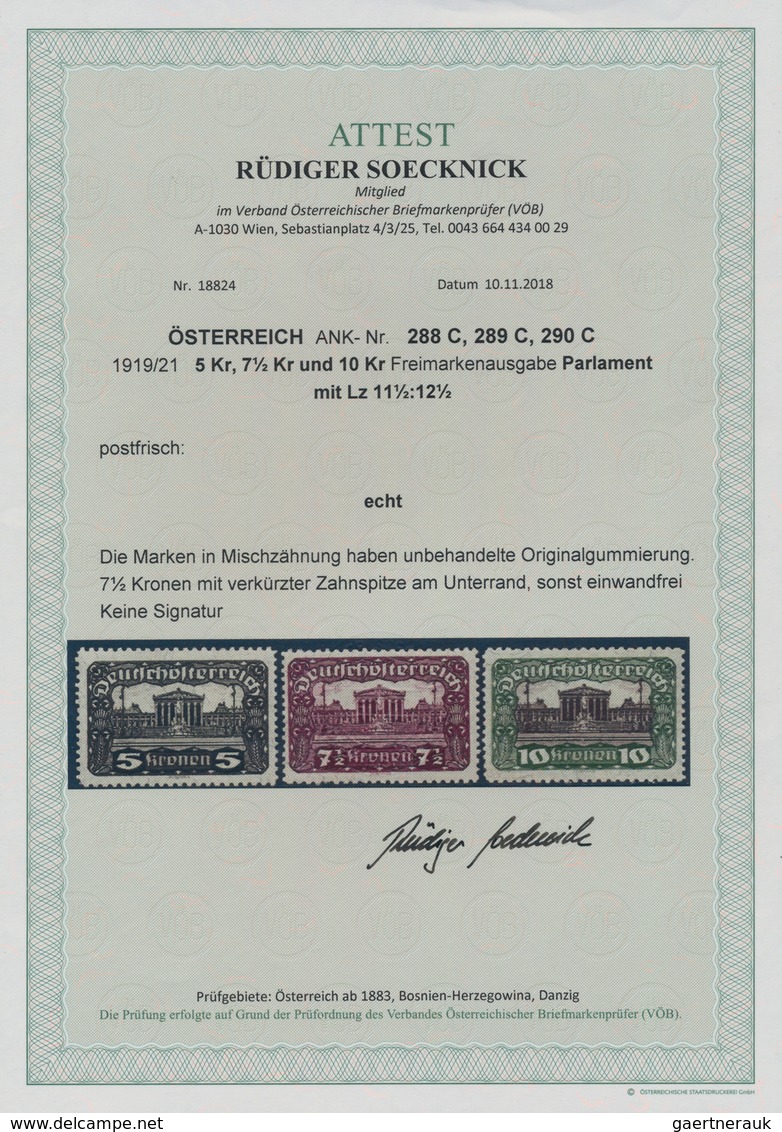 Österreich: 1919 - 1921, Freimarken Parlamentsgebäude 5 Kr, 7½ Kr Und 10 Kr In Zähnung L 11½:12½, Po - Unused Stamps