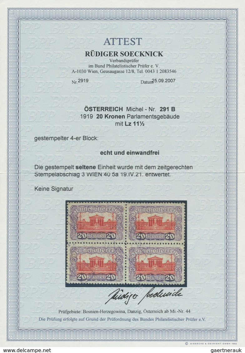 Österreich: 1919. Freimarken "Parlamentsgebäude", 20 Kronen Mit Lz 11½ Im Gestempelten 4er-Block. FA - Unused Stamps