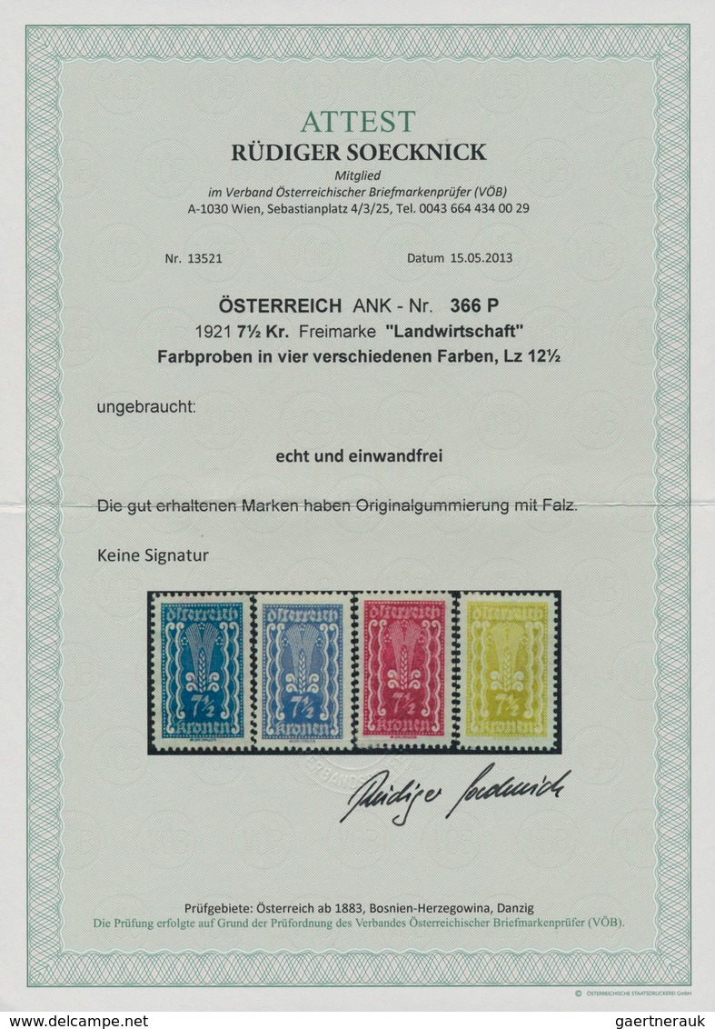 Österreich: 1922, Freimarken, 7½ Kr., Vier Verschiedene Farbproben In Abweichenden Farben Und Mit Li - Unused Stamps
