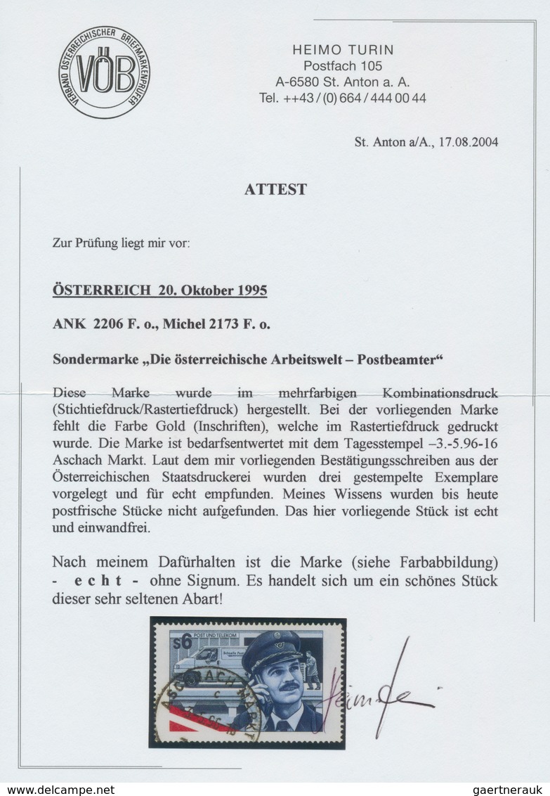 Österreich: 1995. Österreichische Arbeitswelt "Postbeamter" Mit Der Abart "Farbe Gold (Inschriften) - Unused Stamps