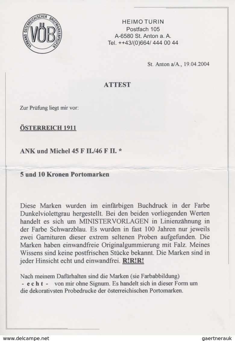 Österreich - Portomarken: 1911, 5 Und 10 Kr Dunkelblau, Gezähnte Ministervorlagen In Ungebrauchter P - Postage Due