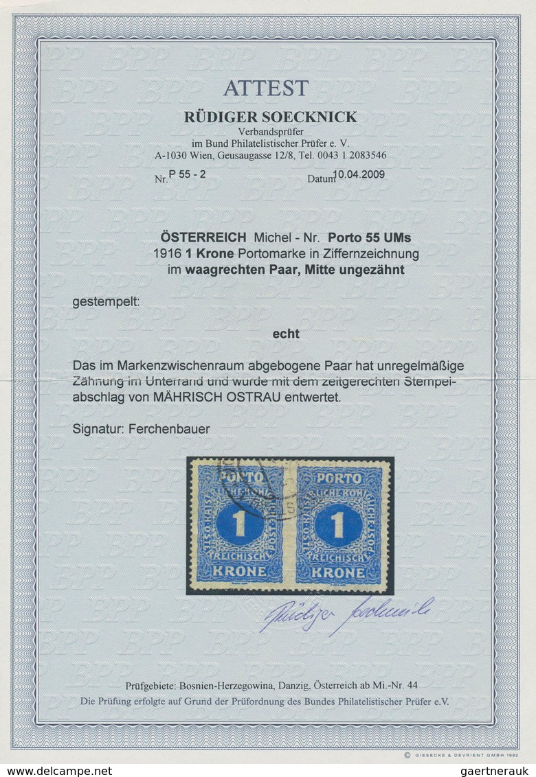 Österreich - Portomarken: 1916, 1 Kr. Blau, Waagerechtes Paar Mit Abart "MITTIG UNGEZÄHNT", Sauber G - Postage Due