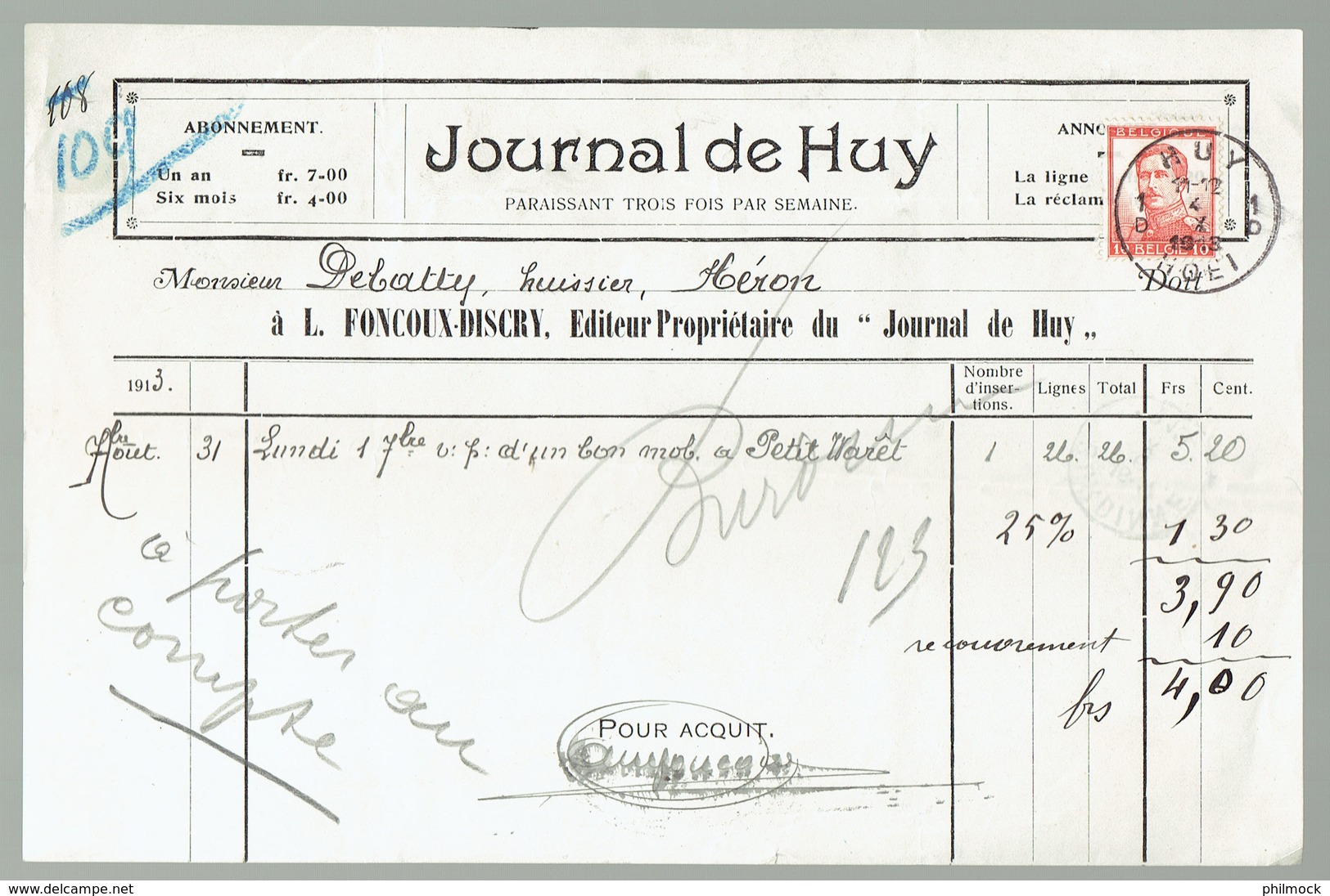 M.Facture Journal De Huy - Obl Huy 1D Hoei Le 4-X-1913 Sur 118 Vers Héron - 1900 – 1949