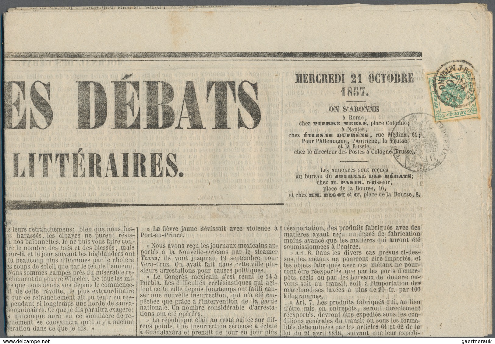 Österreich - Zeitungsstempelmarken: 1857, 2 Kr. Type II Auf Kpl. Zeitung JOURNAL DES DÉBATS Aus Pari - Newspapers