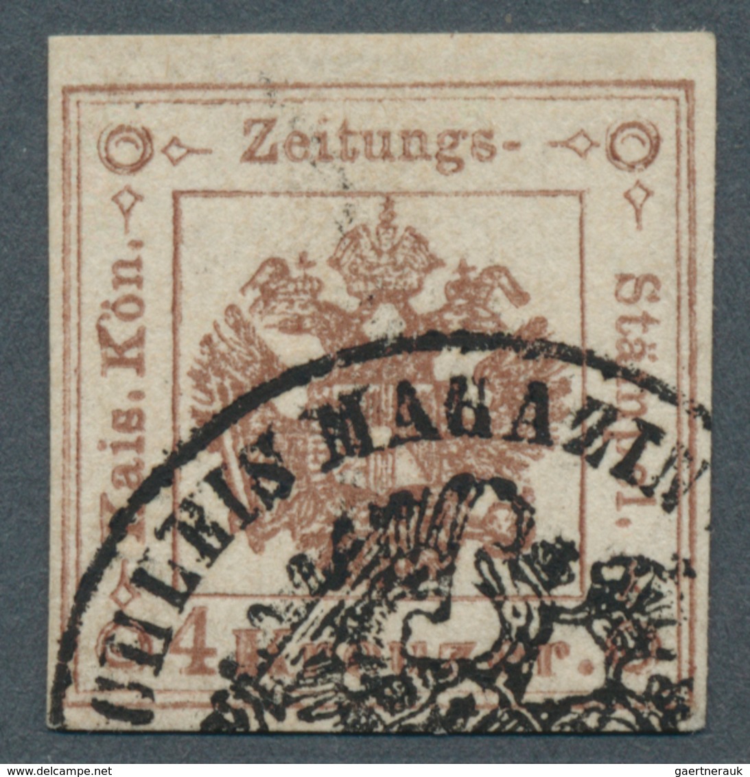 Österreich - Zeitungsstempelmarken: 1858, 4 Kreuzer Dunkelbraun, Type I, Dreiseits Vollrandig, Oben - Newspapers