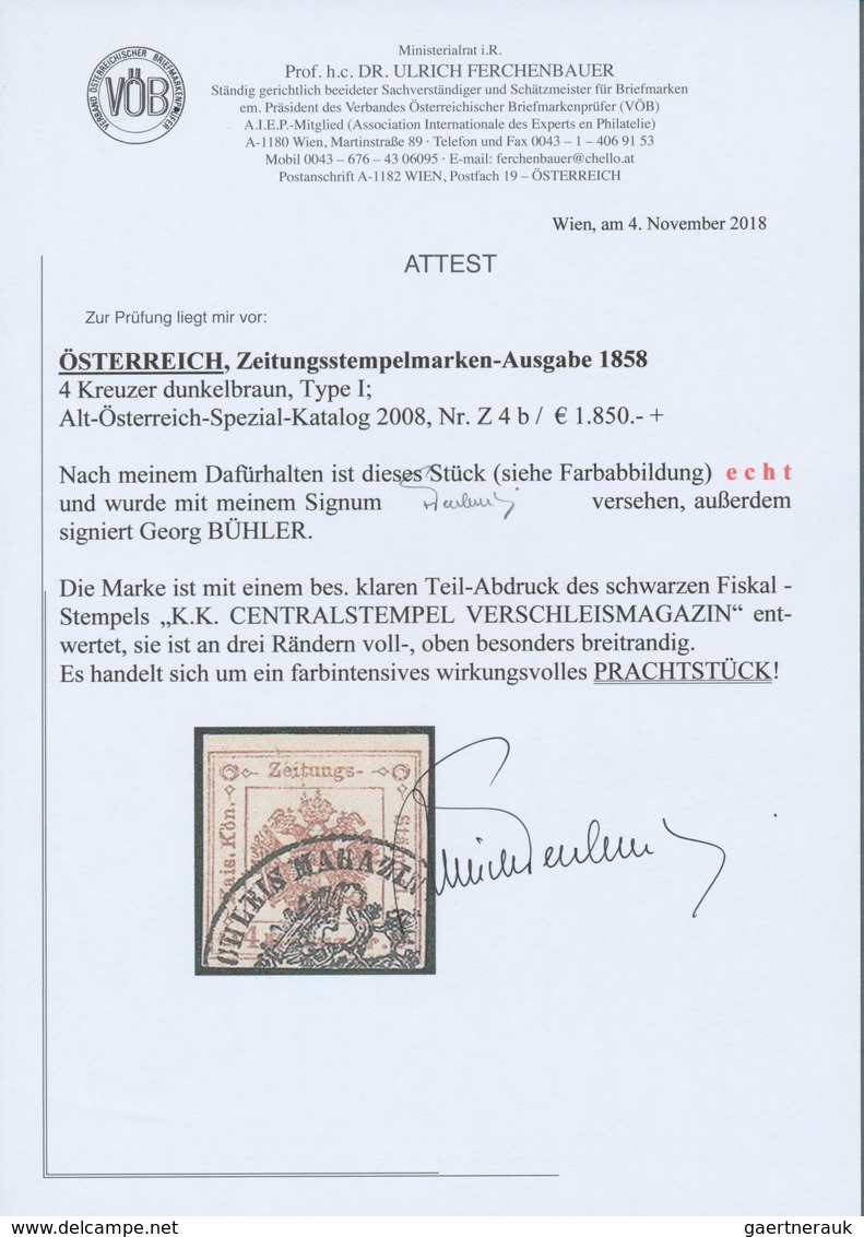 Österreich - Zeitungsstempelmarken: 1858, 4 Kreuzer Dunkelbraun, Type I, Dreiseits Vollrandig, Oben - Newspapers