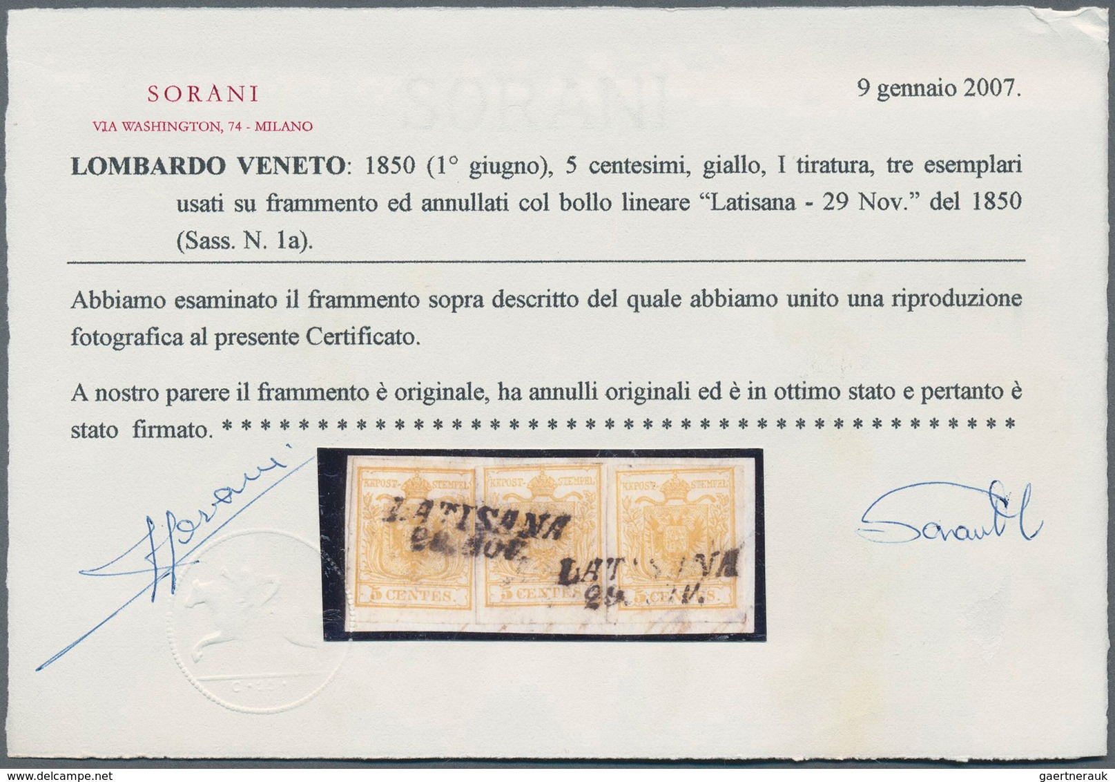 Österreich - Lombardei Und Venetien: 1850, 5 C. Gelb, Erstdruck, Dreimal Auf Briefstück, Entwertet M - Lombardo-Venetien
