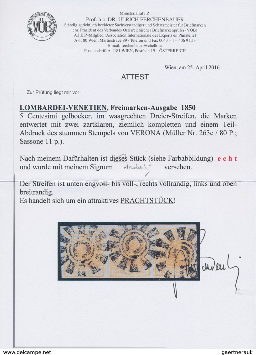 Österreich - Lombardei Und Venetien: 1850, 5 C Gelbocker Im Waagerechten Pracht-Dreierstreifen Mit J - Lombardy-Venetia