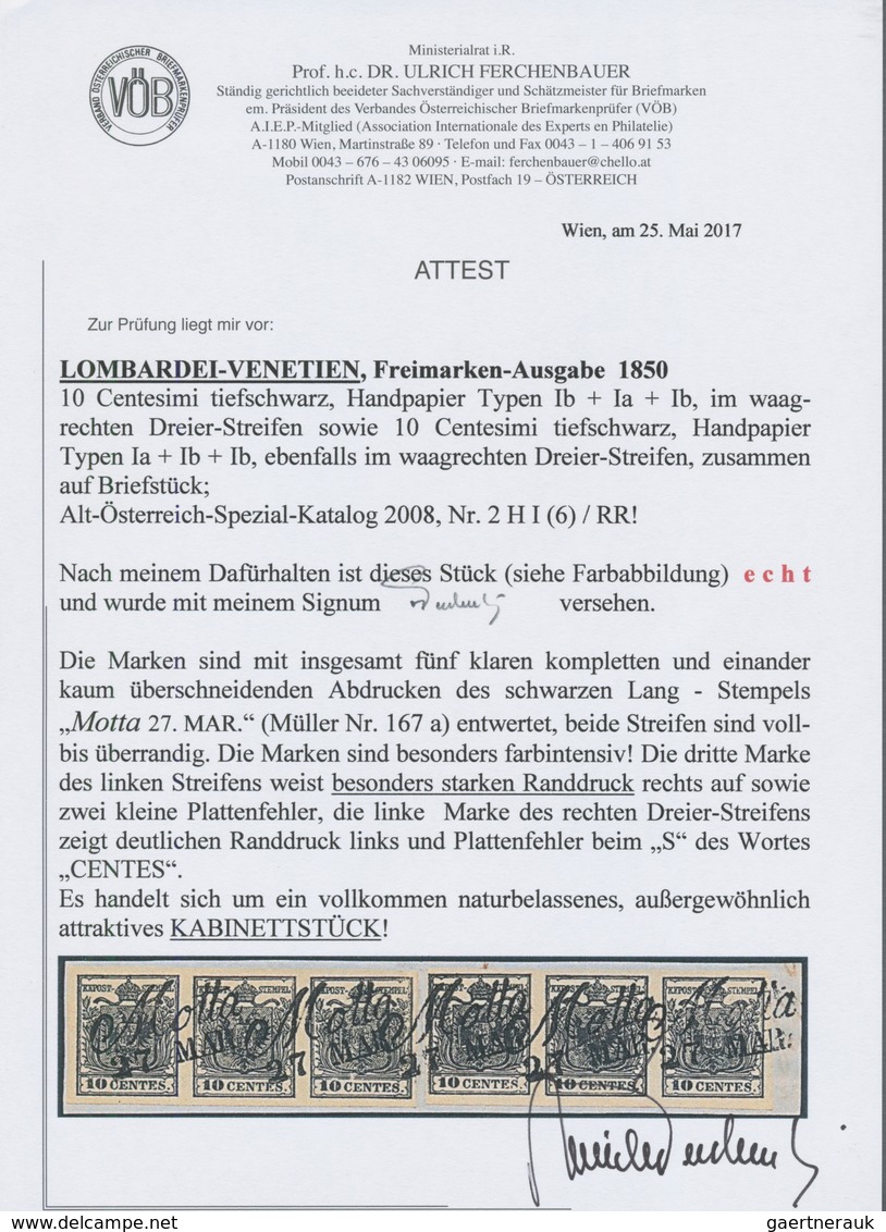 Österreich - Lombardei Und Venetien: 1850, 10 C Tiefschwarz Auf Maschinenpapier, 2 Waagerechte Dreie - Lombardo-Vénétie