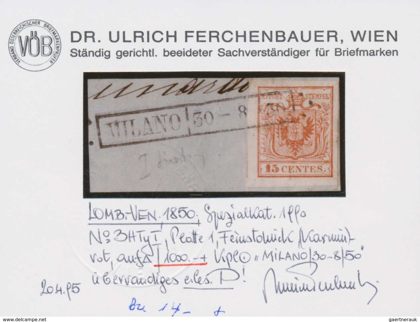 Österreich - Lombardei Und Venetien: 1850 15 C. Karmin Vom FEINSTDRUCK Der Platte 1, Gebraucht Auf B - Lombardo-Venetien