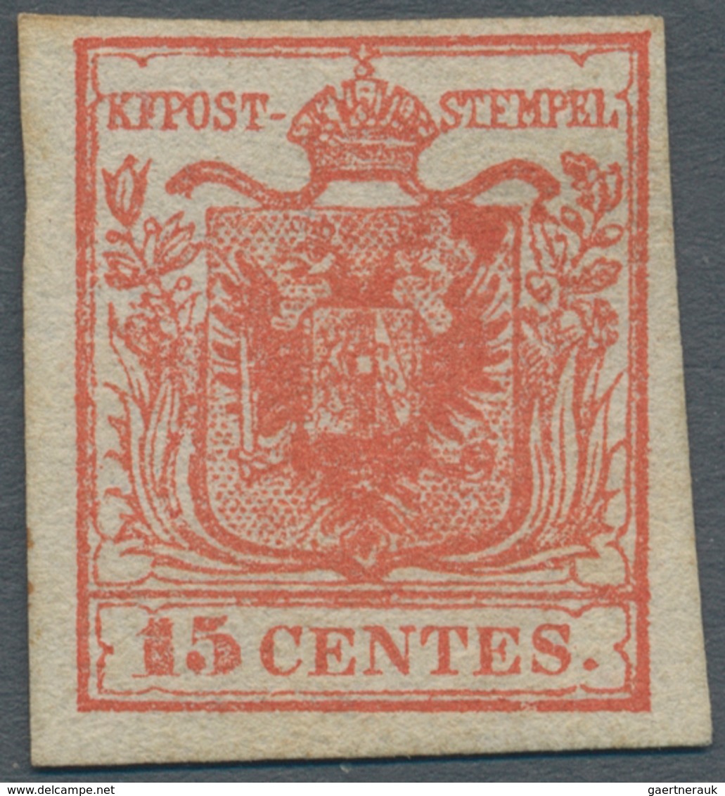 Österreich - Lombardei Und Venetien: 1850, 15 Cmi. Handpapier In Type I Der Platte 2 Zinnoberrot Mit - Lombardo-Vénétie