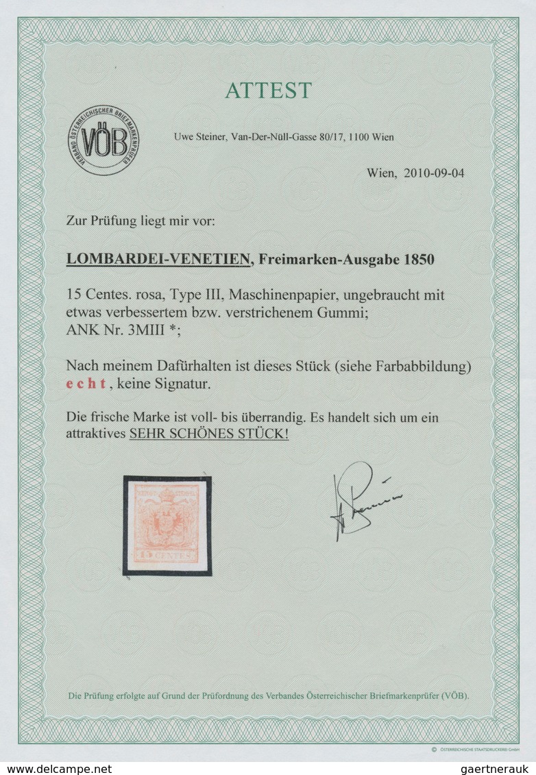 Österreich - Lombardei Und Venetien: 1850, 15 Cent. Rosa, Maschinenpapier, Type III, Ungebraucht Mit - Lombardy-Venetia