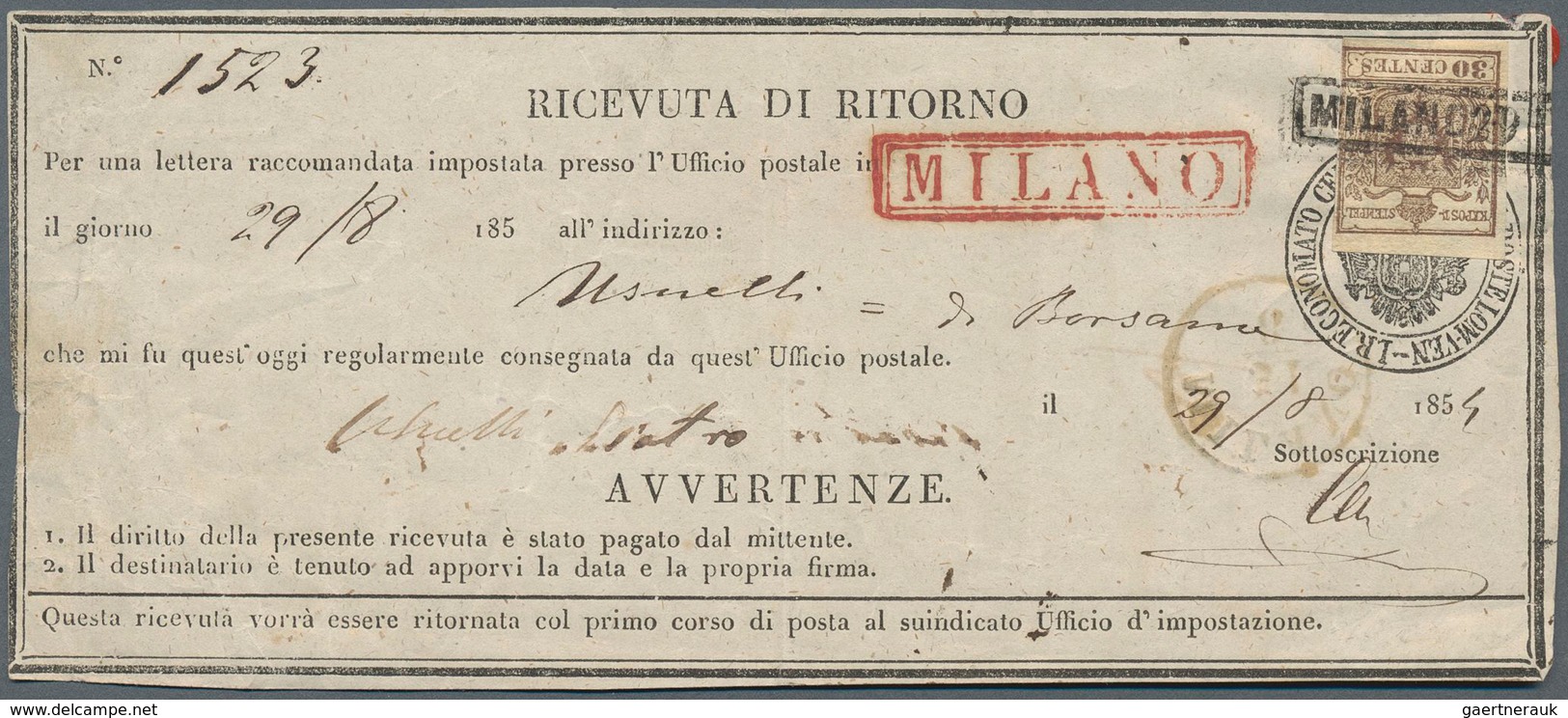 Österreich - Lombardei Und Venetien: 1850, 30 Centes. Braun Auf Rückschein über Ein Einschreiben Vom - Lombardy-Venetia