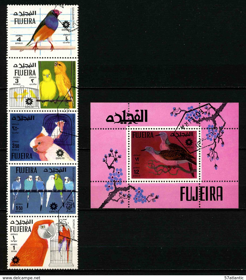 FUJEIRA - OISEAUX - SERIE COMPLETE 5 TIMBRES + BLOC OBLITERES - Autres & Non Classés