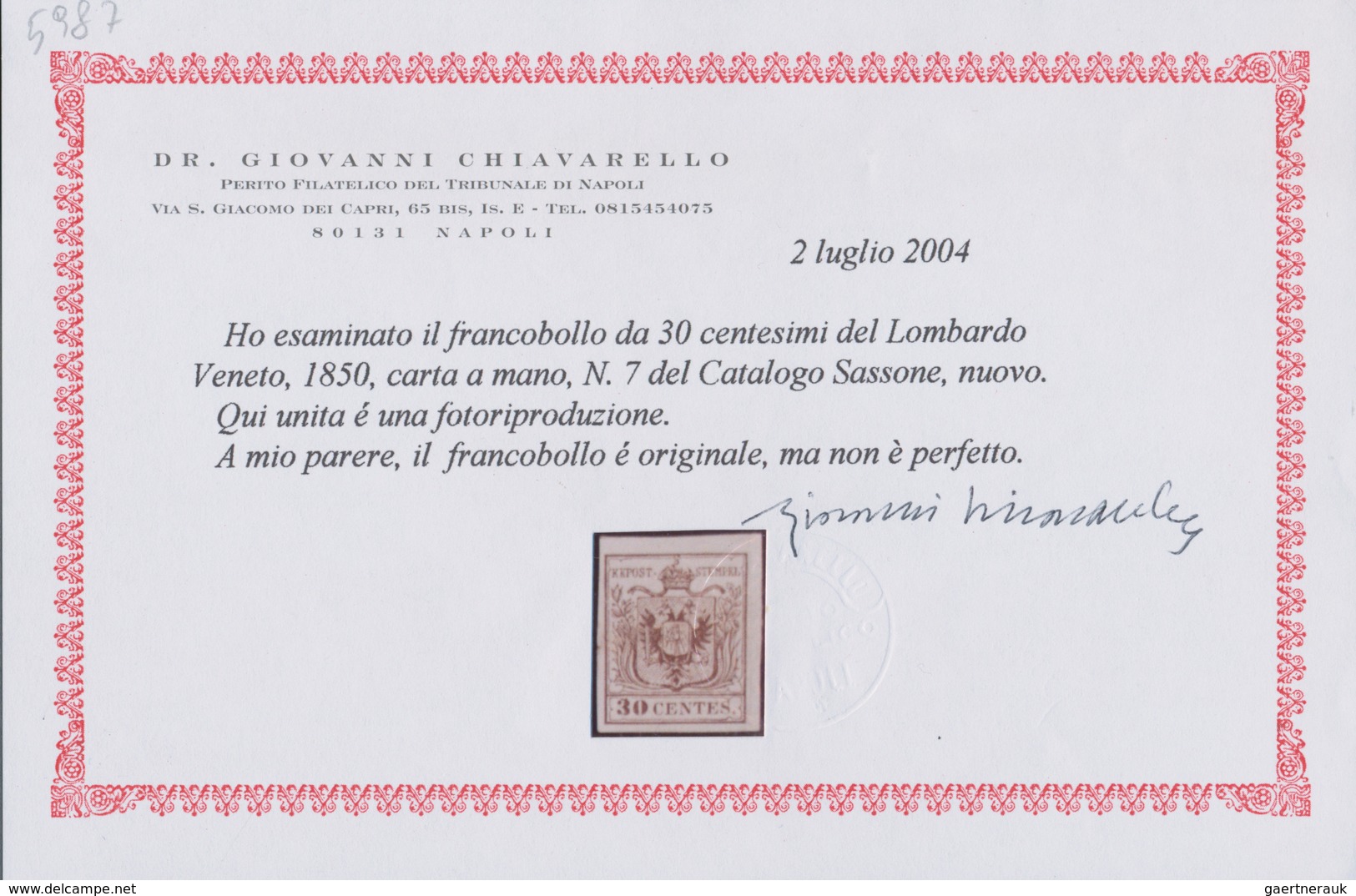 Österreich - Lombardei Und Venetien: 1850. 30 Centes. Braun, Ungebraucht Mit Gummirestchen, Handpapi - Lombardo-Vénétie