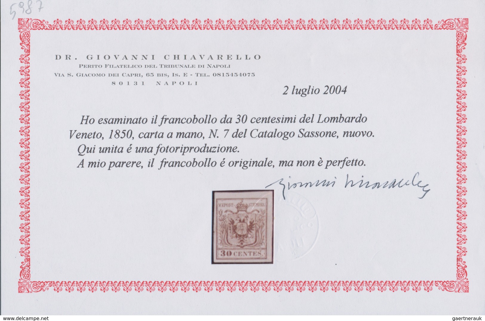 Österreich - Lombardei Und Venetien: 1850. 30 Centes. Braun, Ungebraucht Mit Gummirestchen, Handpapi - Lombardo-Venetien