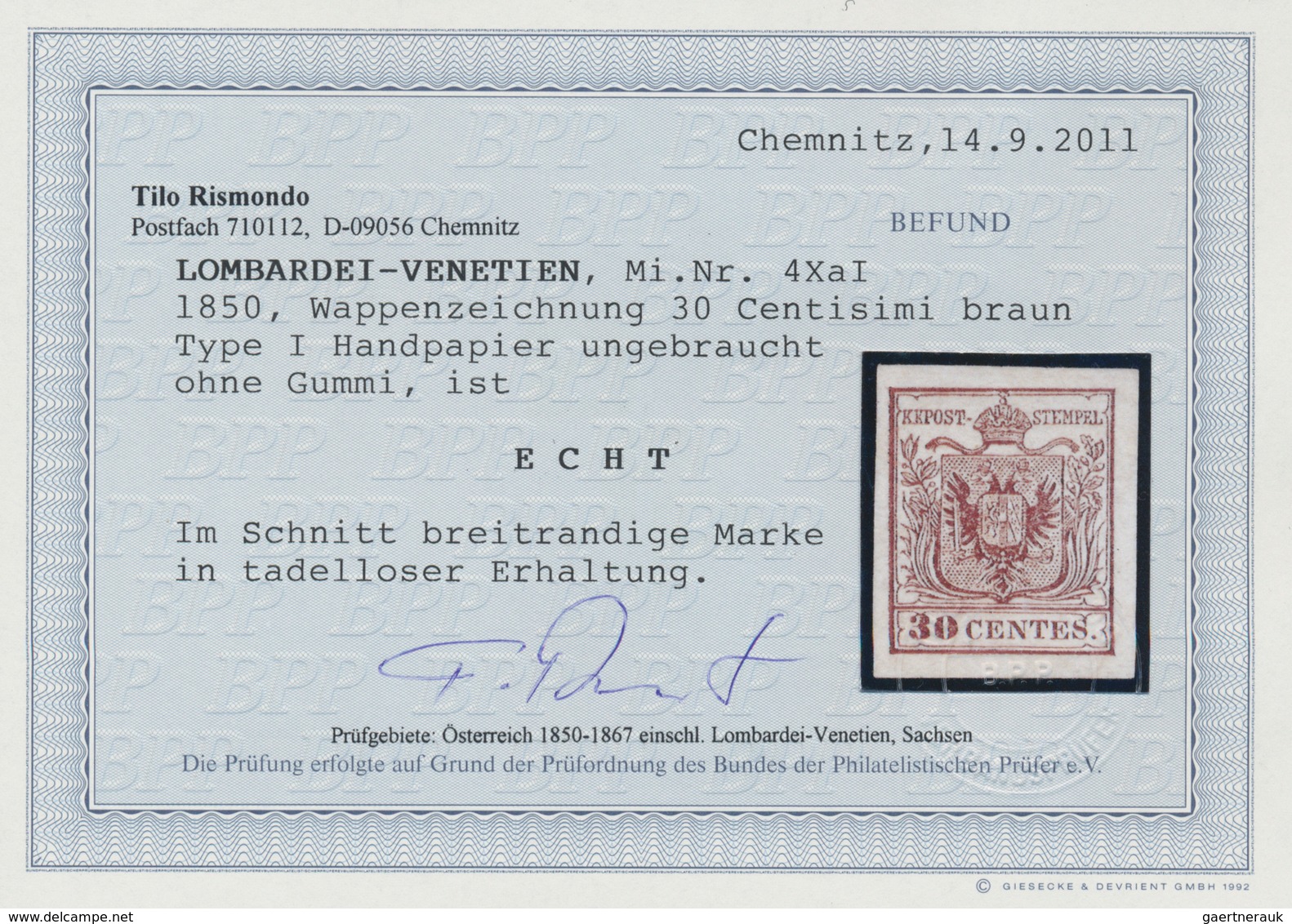 Österreich - Lombardei Und Venetien: 1850, 30 C. Braun, Handpapier, Farbfrisches Ungebrauchtes Exemp - Lombardo-Vénétie