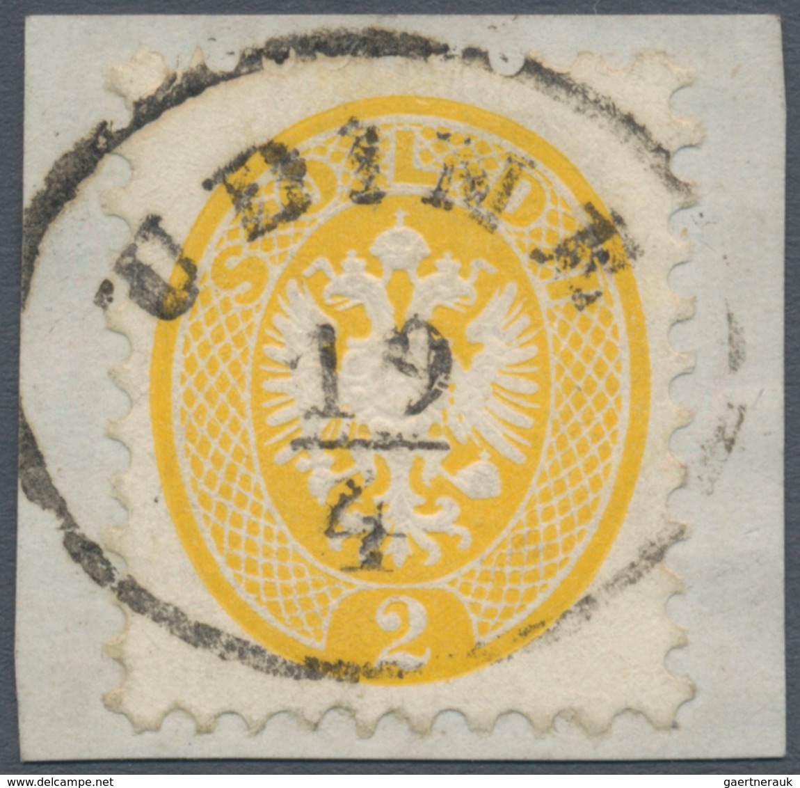 Österreich - Lombardei Und Venetien: 1864, 2 Soldi Gelb, Gez. K 9 1/2, Auf Briefstück Mit Zentrische - Lombardy-Venetia