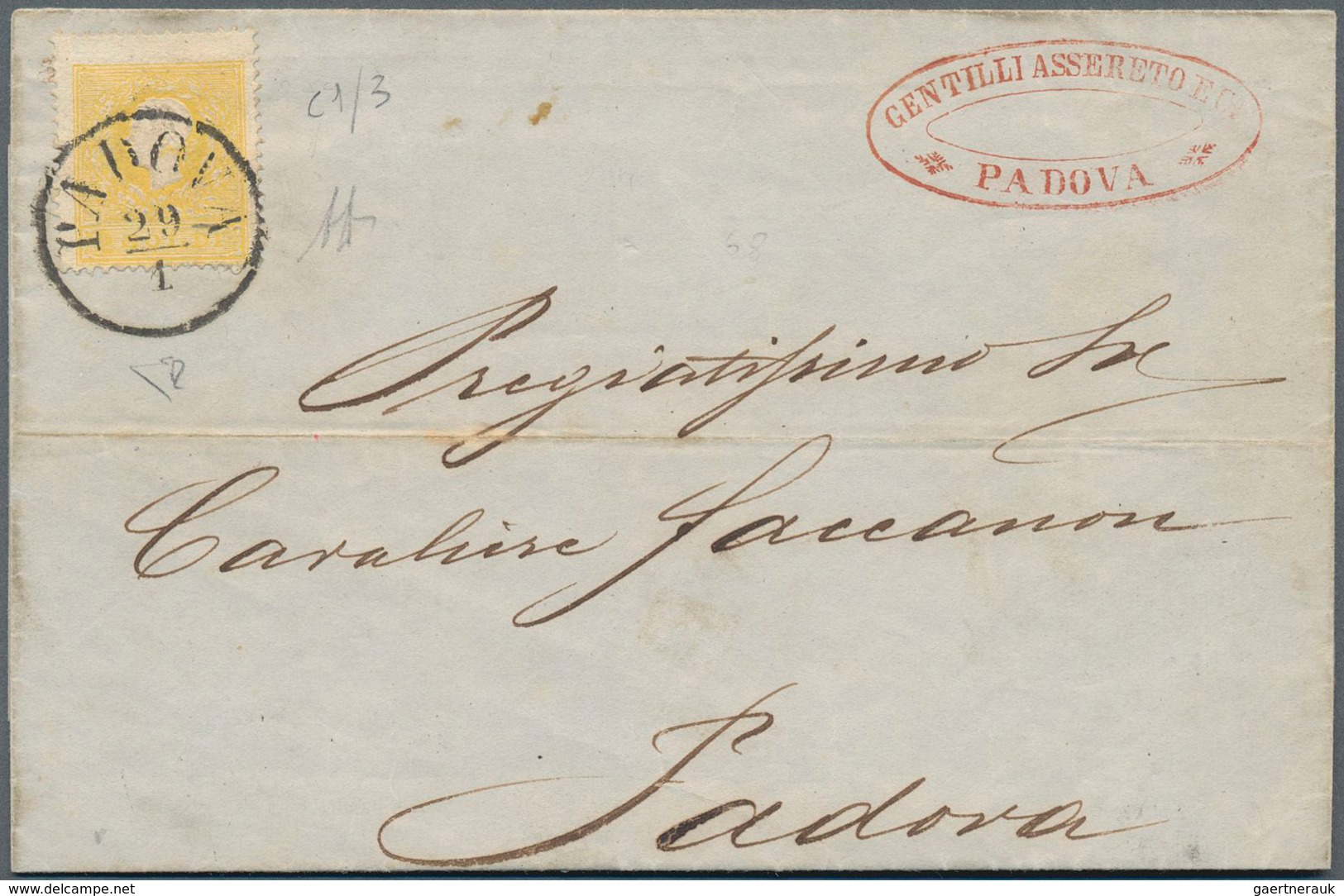 Österreich - Lombardei Und Venetien: 1858, 2 Soldi Gelb, Typ I, Auf Circular Innerhalb Paduas Vom 29 - Lombardo-Vénétie