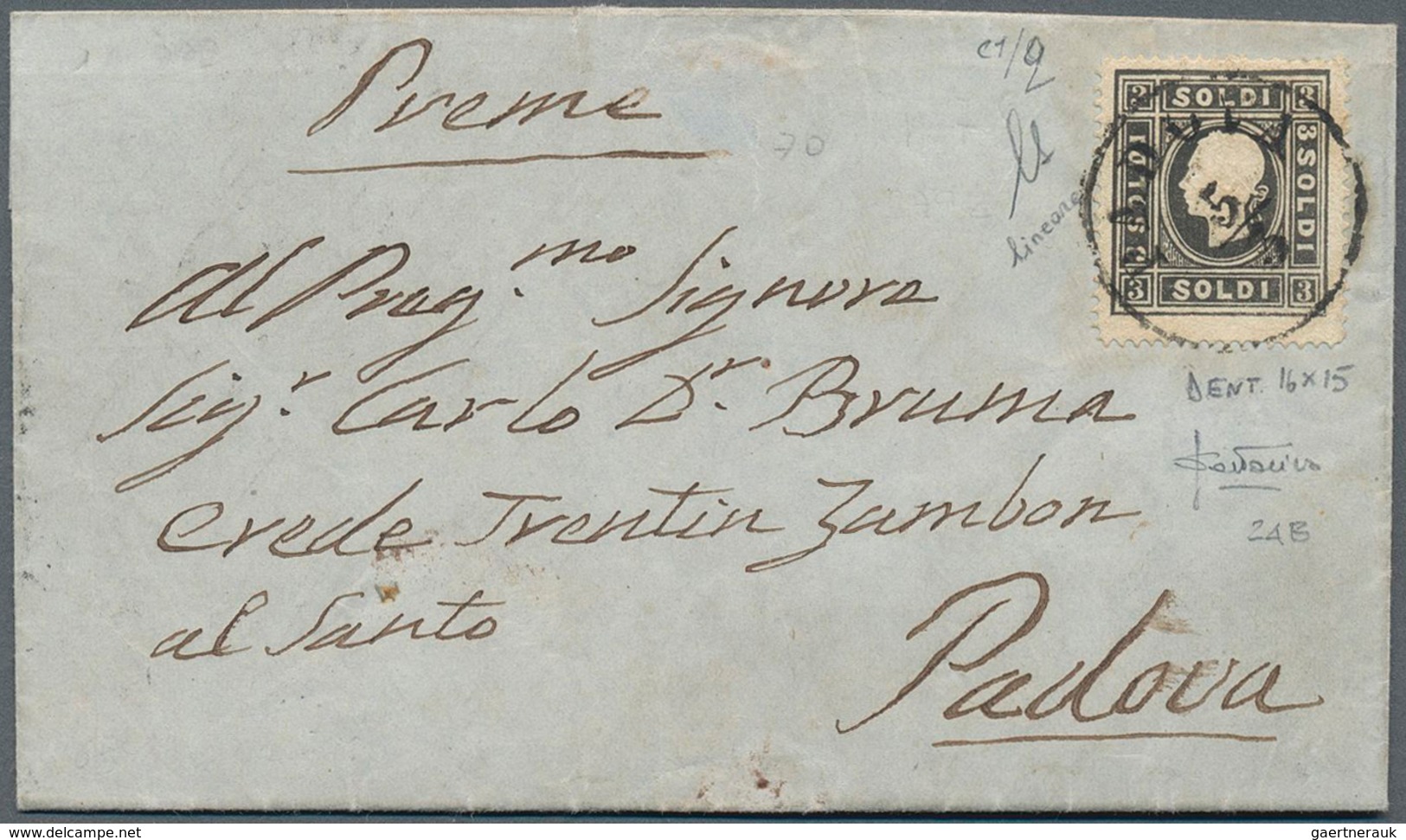 Österreich - Lombardei Und Venetien: 1858, 3 Soldi Schwarz, 1. Typ, Gezähnt 16 X 15 Auf Ortsbrief In - Lombardy-Venetia