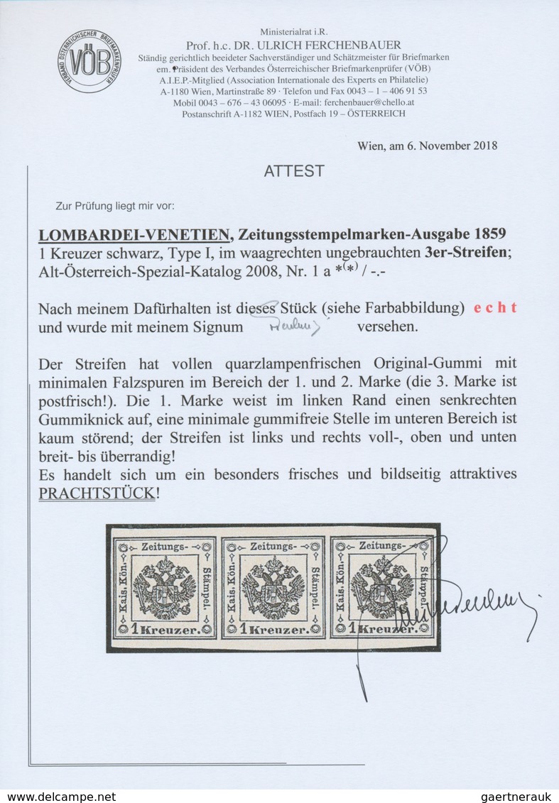 Österreich - Lombardei Und Venetien - Zeitungsstempelmarken: 1859, 1 Kreuzer Schwarz, Type I, Waager - Lombardo-Venetien