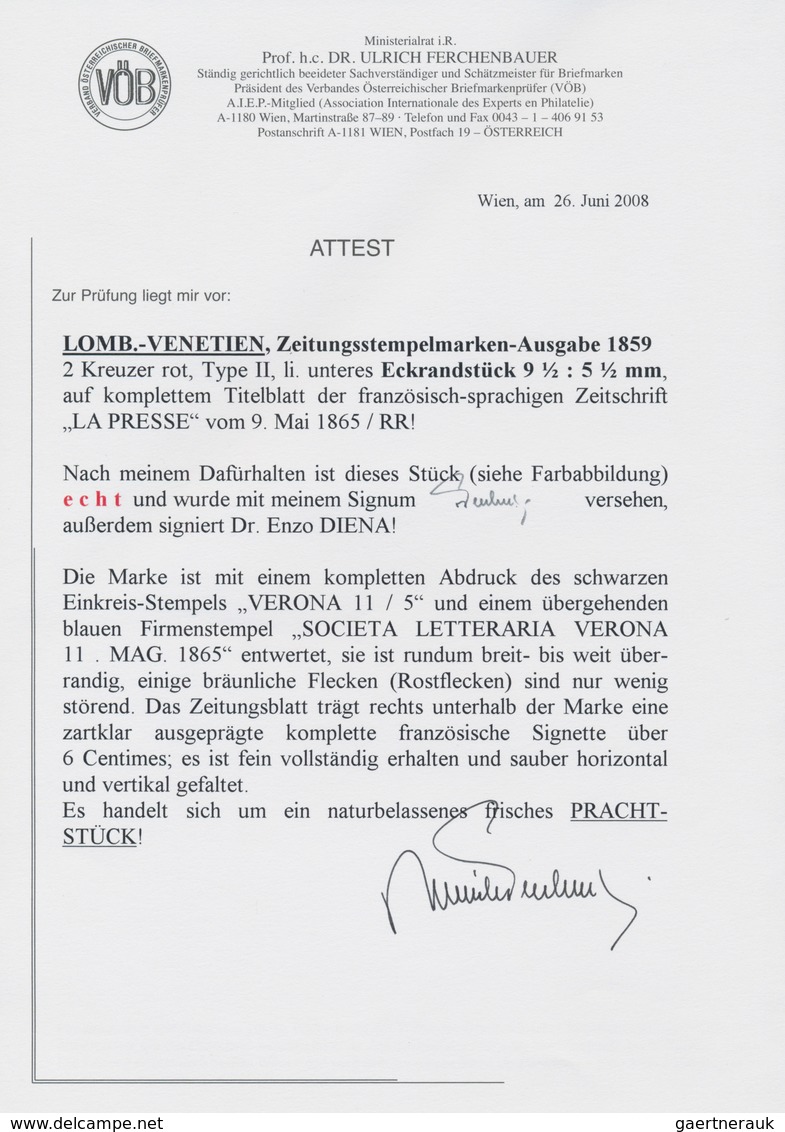 Österreich - Lombardei Und Venetien - Zeitungsstempelmarken: 1859, 2 Kreuzer Rot, Type II, Linkes Un - Lombardo-Vénétie