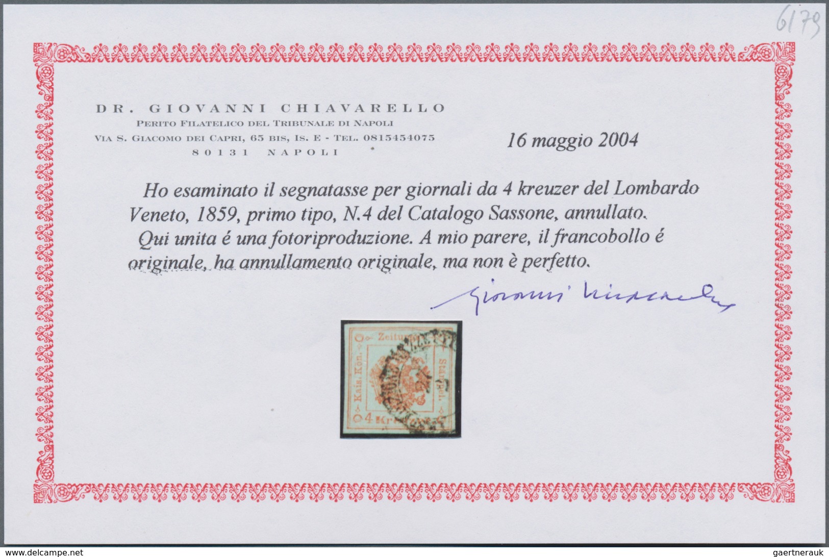Österreich - Lombardei Und Venetien - Zeitungsstempelmarken: 1858, 4 Kreuzer Rot, Type I Auf Kleinem - Lombardo-Venetien