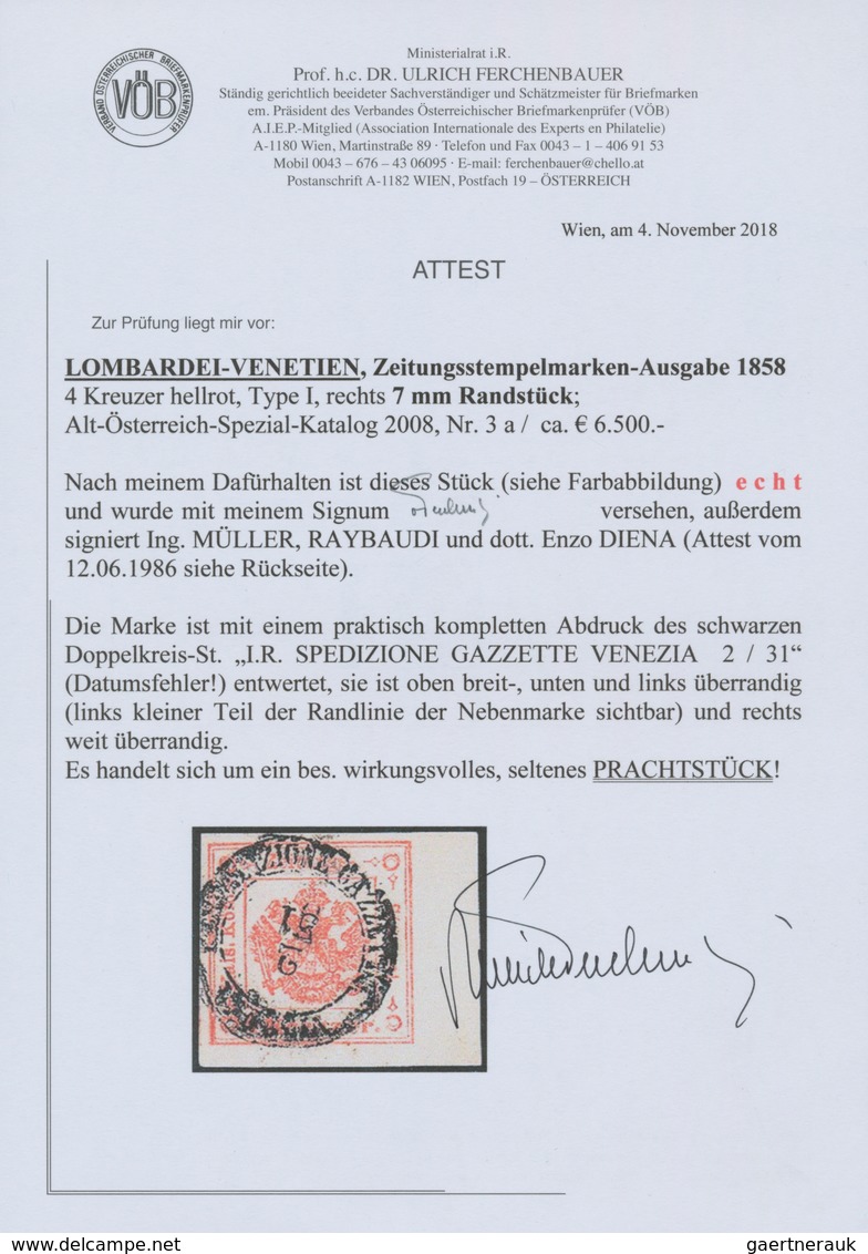 Österreich - Lombardei Und Venetien - Zeitungsstempelmarken: 1858, 4 Kreuzer Rot, Type I, Rechtes Ra - Lombardo-Vénétie