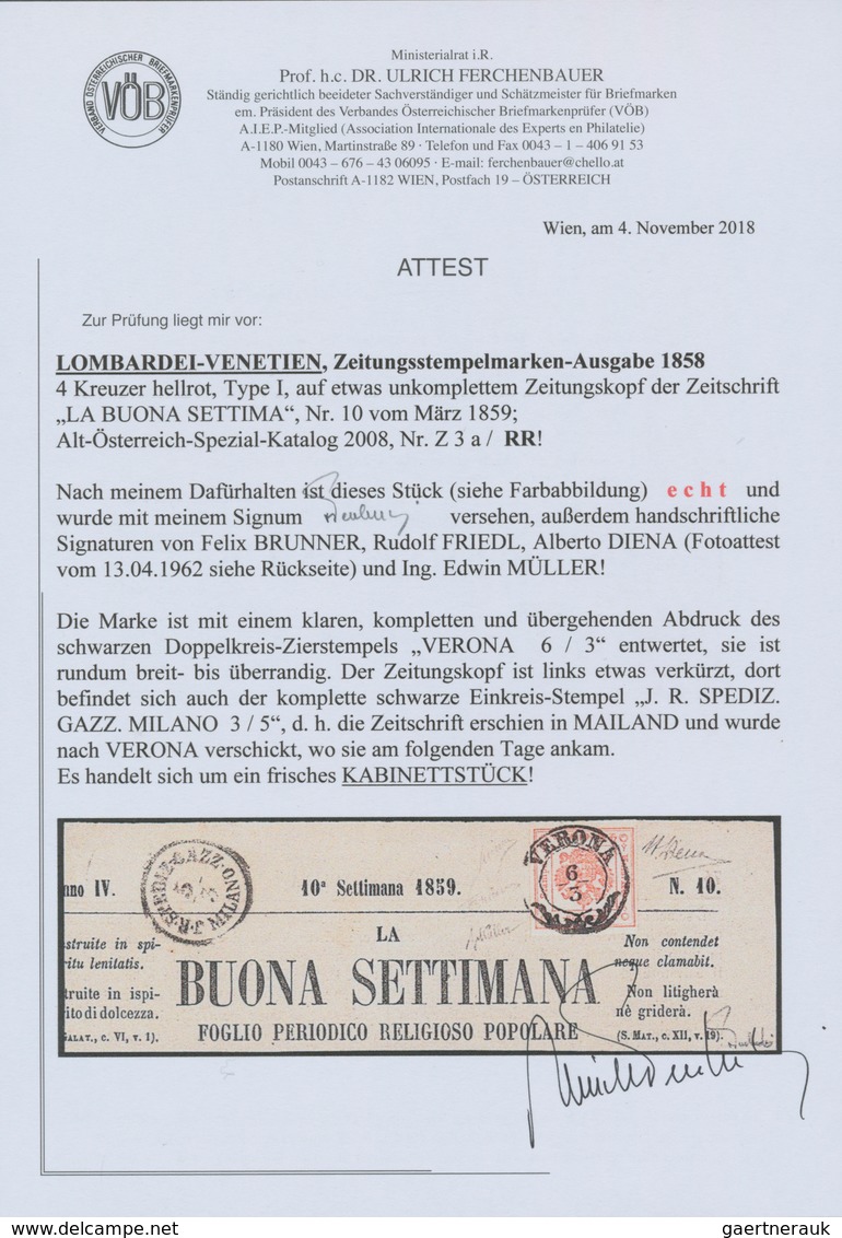 Österreich - Lombardei Und Venetien - Zeitungsstempelmarken: 1858, 4 Kreuzer Rot, Type I, Allseits B - Lombardo-Vénétie