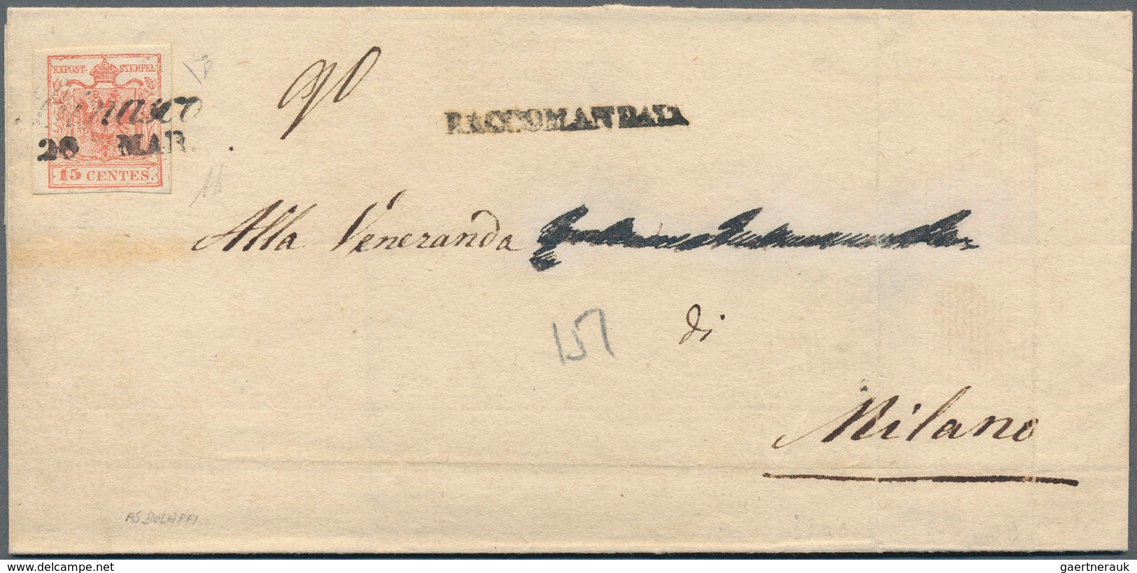 Österreich - Lombardei Und Venetien - Stempel: "BINASCO / 20 MAR", Schreibschriftstempel Auf 15 Cent - Lombardo-Vénétie