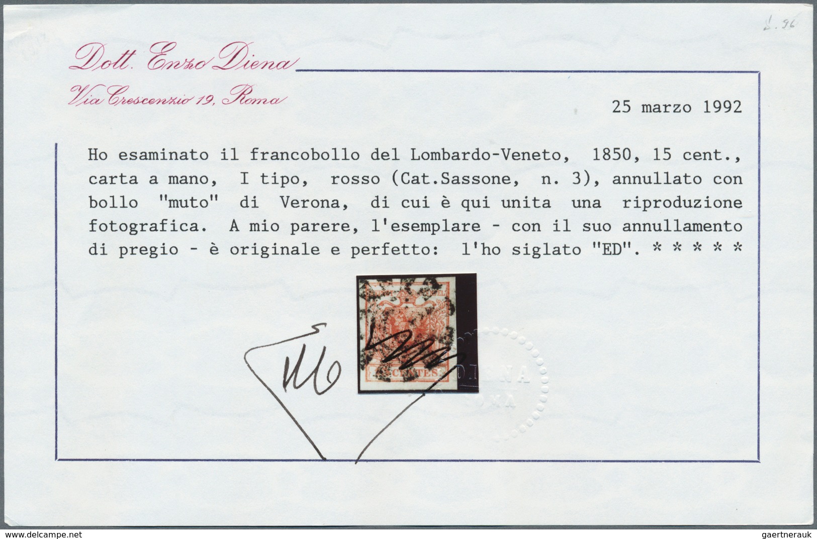 Österreich - Lombardei Und Venetien - Stempel: VERONA, Stummer Stempel (Sassone 11 P.) Auf 10 Centte - Lombardo-Vénétie