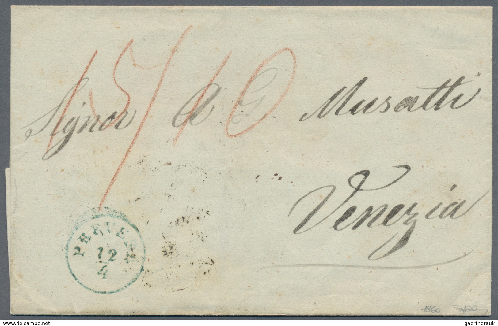 Österreichische Post In Der Levante: 1860 "Prevesa / 12 / 4" Blauer Einkreisstemstempel Auf Faltbrie - Levante-Marken