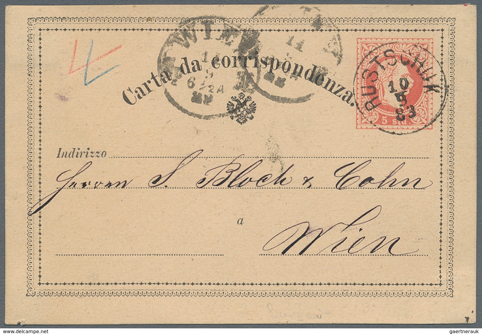 Österreichische Post In Der Levante: 1883. Austrian Levant Postal Stationery Card '5 Soldi' Red Canc - Levant Autrichien