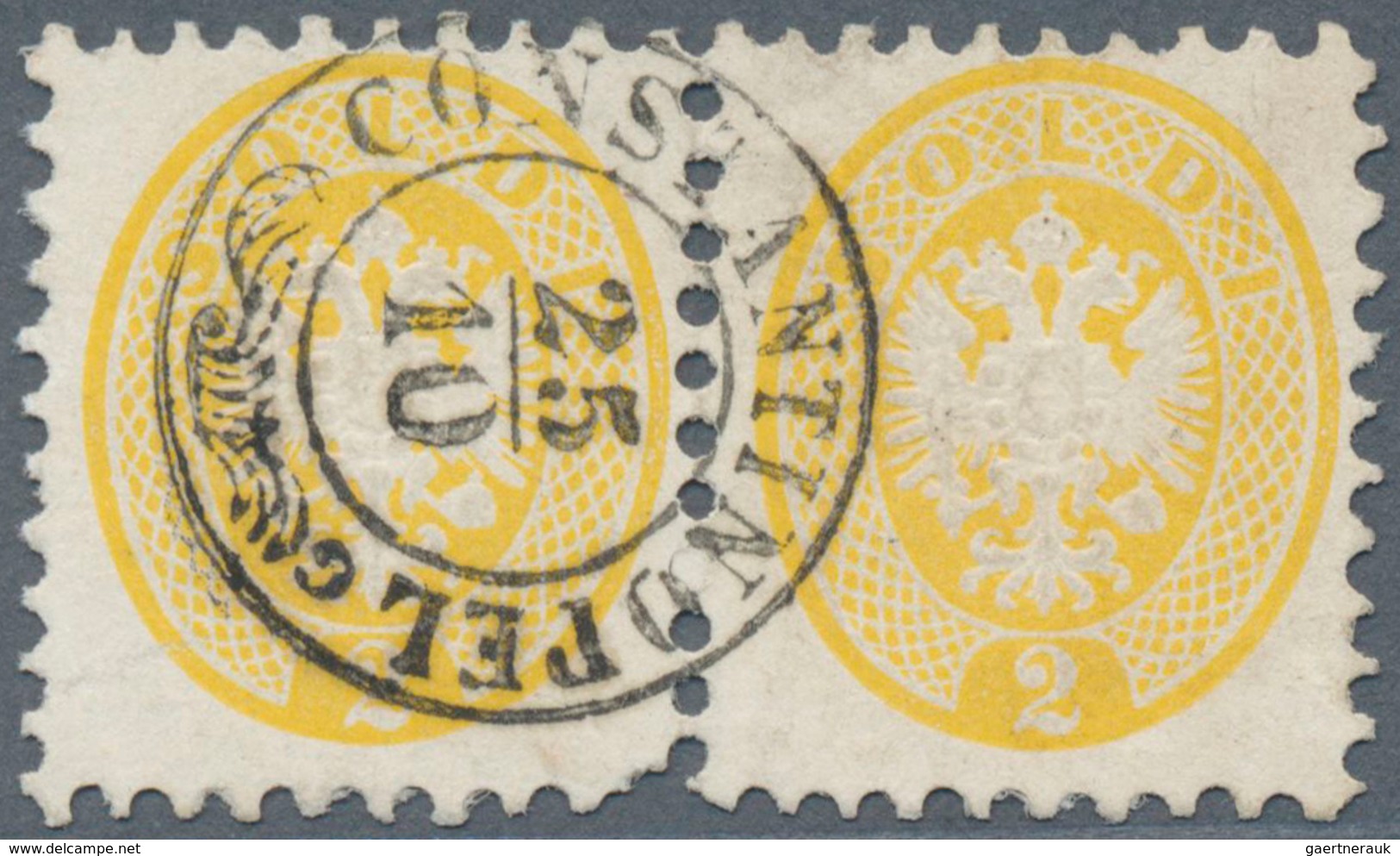 Österreichische Post In Der Levante: 1864, 2 So Gelb Adlerausgabe Im Waagerechten Paar, Entwertet Mi - Levant Autrichien