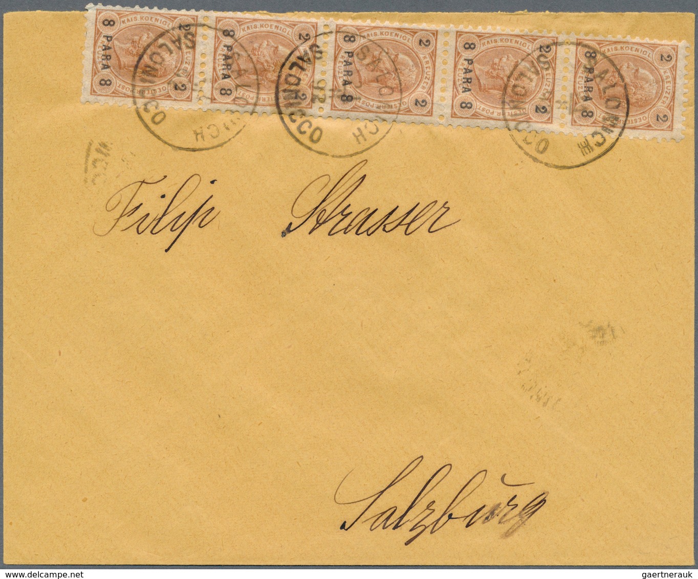 Österreichische Post In Der Levante: 1892, 8 Pa Auf 2 Kr Braunocker/schwarz, Senkrechter 5er-Streife - Levant Autrichien
