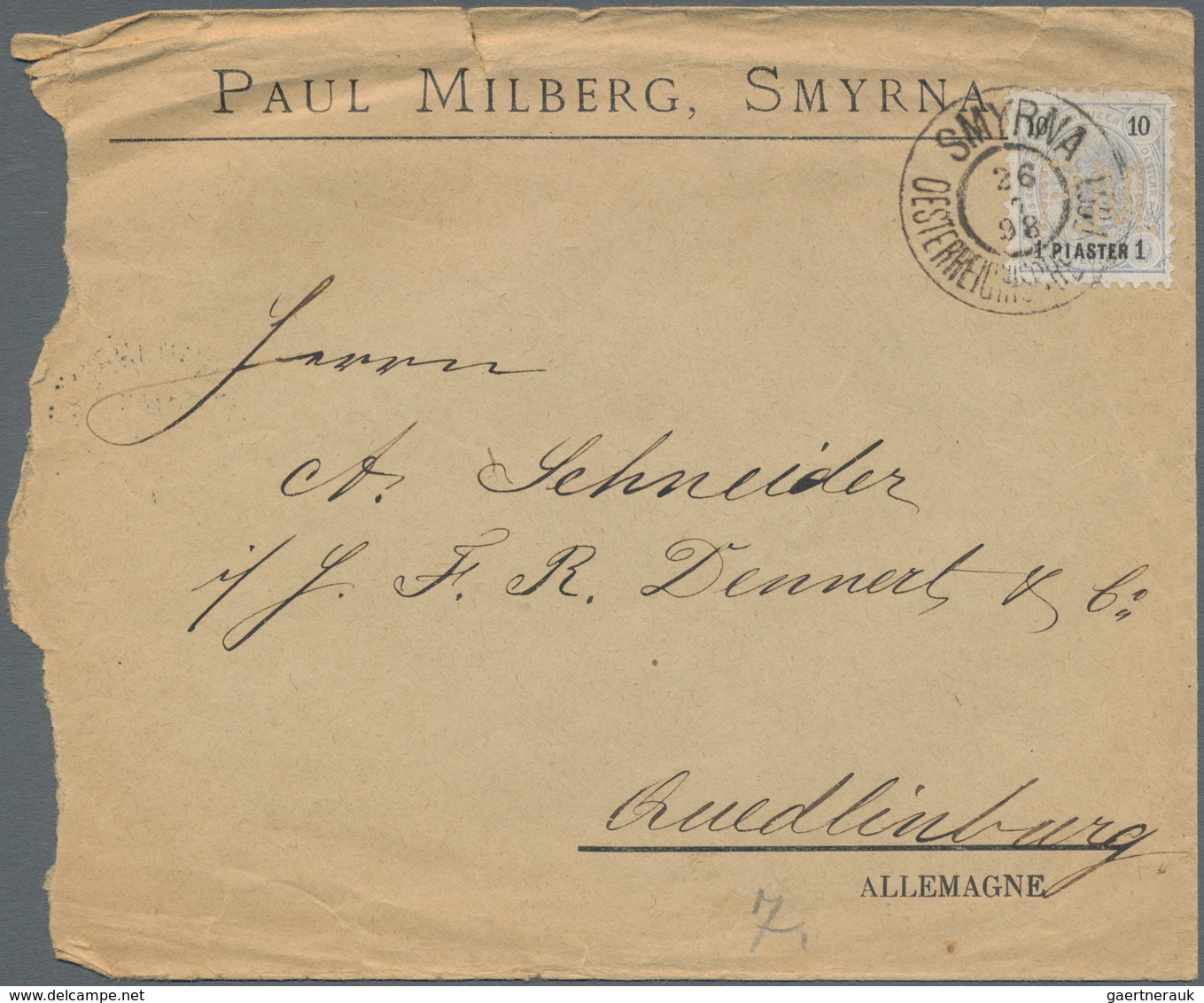 Österreichische Post In Der Levante: 1898, 1 Pia. Auf 10 Kr. Mit Perfin "PM" Auf Firmen-Vordruckumsc - Levant Autrichien